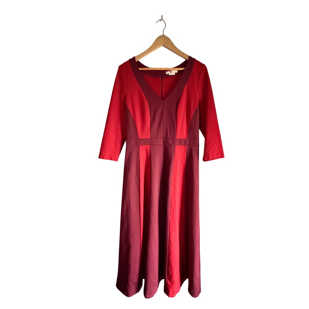 Boden Red Burgundy Colorblock V-Neck Midi Dress Long Sleeve Fit Flare Womens 8L